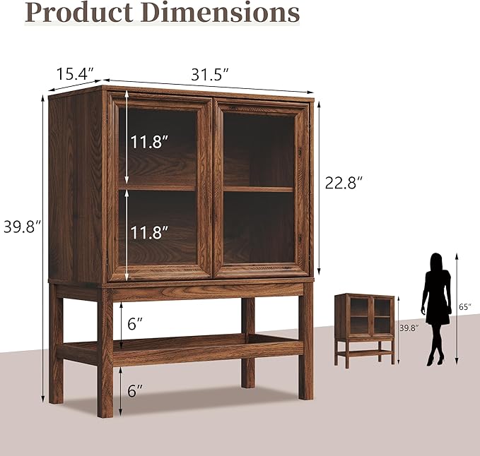 Sideboard Buffet Cabinet with Storage Set of 2, Small Kitchen Coffee Wine Bar Cabinet with Glass Doors, Wood Mid Century Modern Side Board Table for Dining Room, Living Room