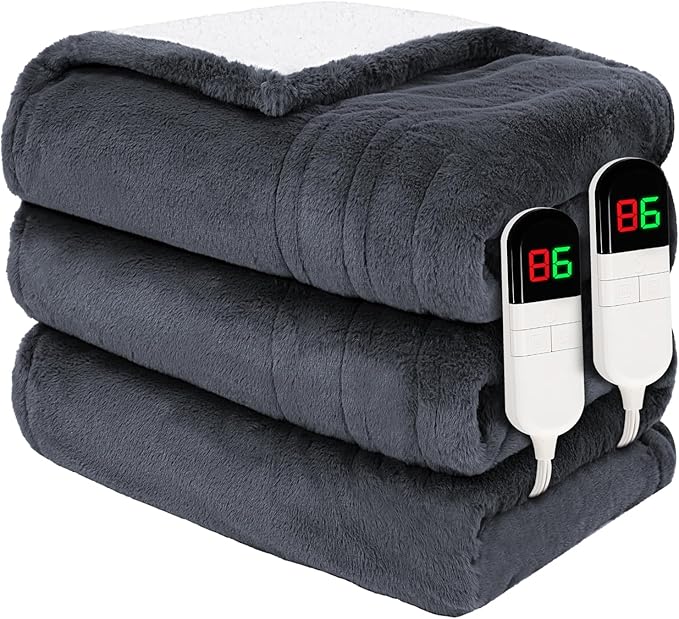 Premium Heated Blanket King 90"횞100",Ultra Cosy Soft with 8 Heating Levels,Dual Control Plush Fast Heating Faux Rabbit Fur Blanket for Bed - Auto Shut Off,Machine Washable(Grey)