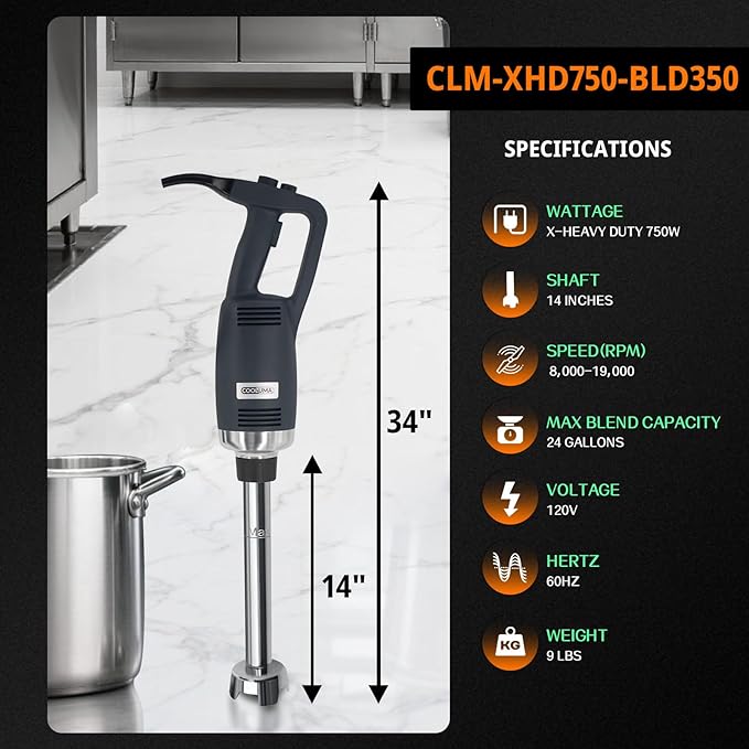 COOLUMA Immersion Blender Commercial, 14 Inch Removable Shaft, Heavy Durt 750 Watt, Variable Speed Motor, Professional Restaurant Grade Hand Mixer, Food-Grade Detachable 304 Blade & Shaft