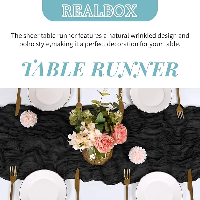RealBox 3 Pack Black Cheesecloth Table Runner 17x108 Inch Semi Sheer Boho Gauze Cheese Cloth Fabric Table Runners Table Decor for Wedding Party Baby Shower Birthday Home Decor Garden Farmhouse