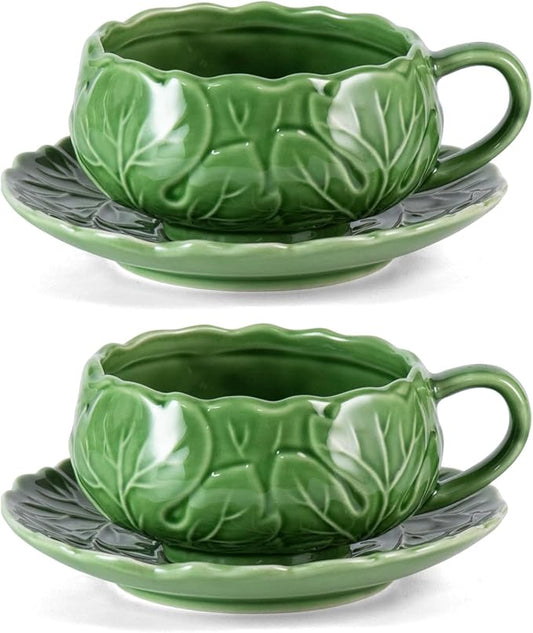 KAMMAK Tea Cups and Saucers Set of 2, Porcelain Coffee Cups, 10-Ounce Stackable Espresso Mugs, Ceramic Demitasse for Coffee, Latte, Americano, Tea, Cubic Rose