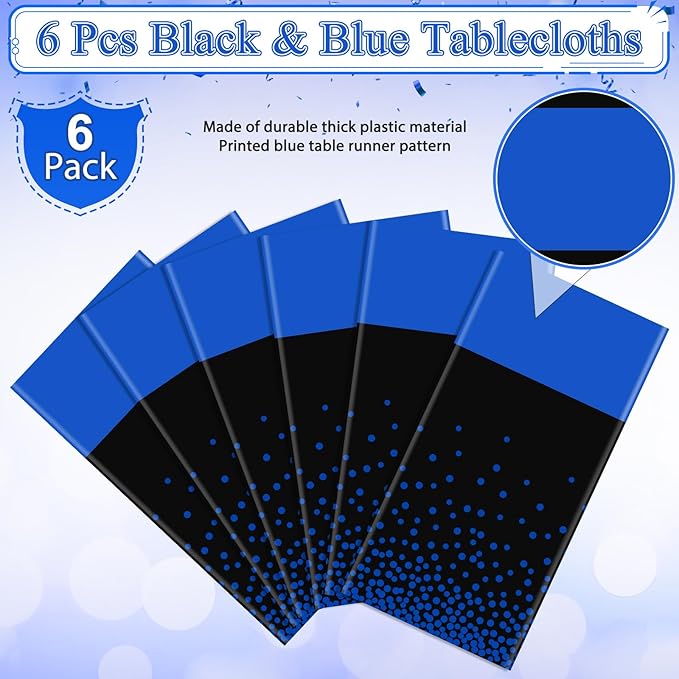 MASHAN 6Pcs Black and Blue Tablecloth Party Decorations,Plastic Black Table Cloth Printed Blue Runner Disposable Rectangle Table Cover for Birthday Wedding Anniversary Graduation Party,54 x108 Inch
