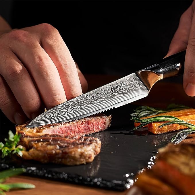 Senken 4-Piece Damascus Steak Knife Set with Full-Body G10 Handles - Shogun Collection - Full-Tang Serrated Steak Knives Forged from Japanese VG10 Steel