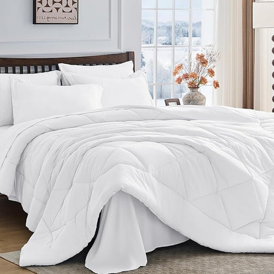 HEVUMYI Twin Comforter Set - 5-Piece All Season Bed in a Bag Twin, Ultra Soft Bedding Set with Comforter, Flat Sheet, Fitted Sheet, Pillowcases, Pillow Shams, White