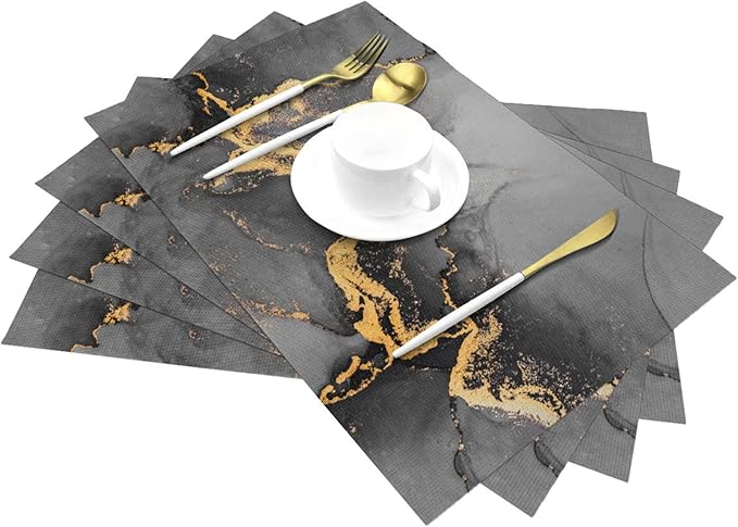 Black Gray Gold Marble Placemats Set of 4 Linen Decorative Table Mat for Dining Table Kitchen Farmhouse Outdoor Home Decor 12"x18" Abstract Modern Place Mats