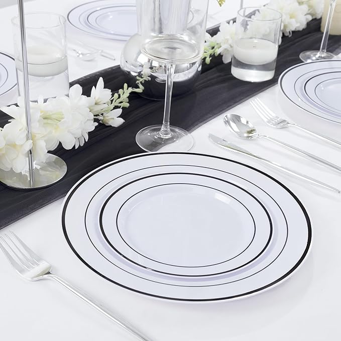 U-QE 100pcs Black Plastic Plates for Party - Black Plates Disposable Heavy Duty - Include 50 10" Dinner and 50 7" Dessert Plate, Fancy Plastic Plate for Party, Wedding, Birthday