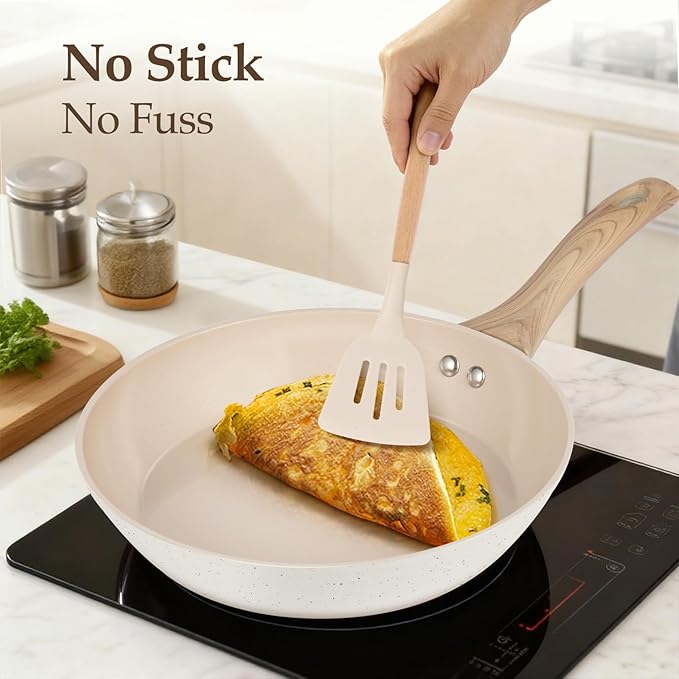 Pots and Pans Set Non Stick, 11 Pcs Ceramic Cookware Set, Nonstick Induction Cookware, Non-toxic Kitchen Cooking Set with Frying Pan Set, Cream