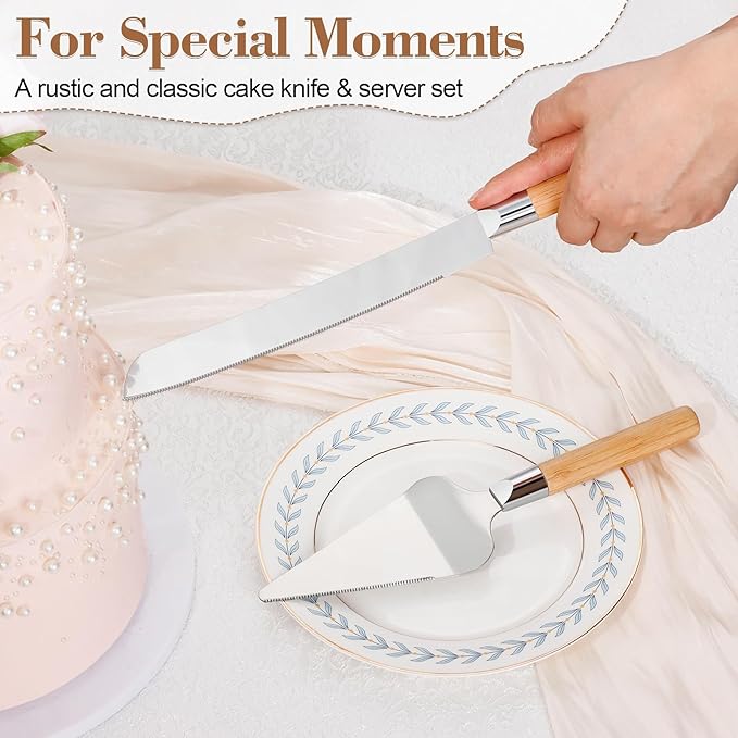 Cake Cutting Set for Wedding, Wood Cake Knife and Server Set, Vintage 2-Piece Pie Cutter Serving Set, Serrated Pizza Dessert Utensils, Bridal Anniversary Birthday Quincea챰era Gift