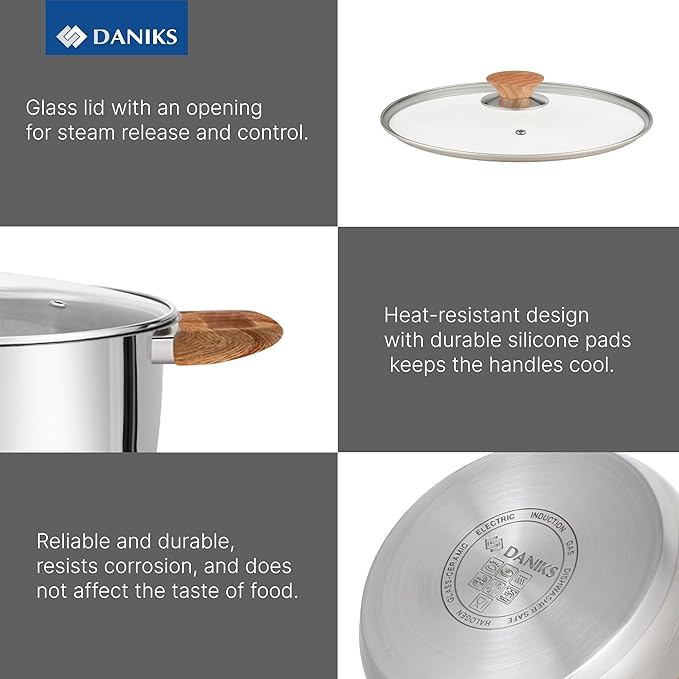 Daniks Oslo 10-Piece Stainless Steel Cookware Set with Glass Lids, Includes Saucepan and Frying Pan with Lid, Tri-Ply Bases for Even Heating, Induction Compatible, Dishwasher Safe, Bakelite Handles