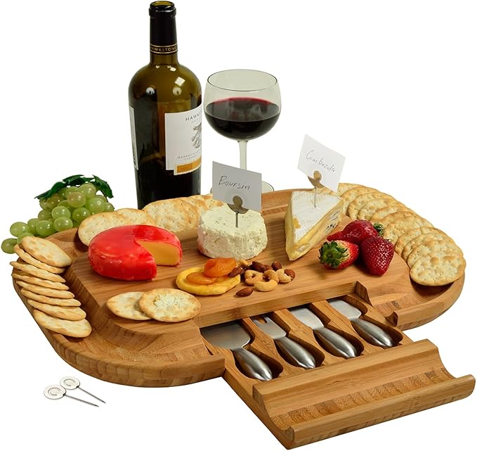 Picnic at Ascot Bamboo Cutting Board for Cheese & Charcuterie with Knife Set & Cheese Markers- Designed & Quality Checked in The USA