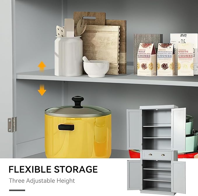 72" Kitchen Pantry Storage Cabinet, Freestanding Cupboard with 2 Cabinets, Drawer and Adjustable Shelves, Tall Storage Cabinet for Kitchen, Dinning Room, Living Room (Light Grey)