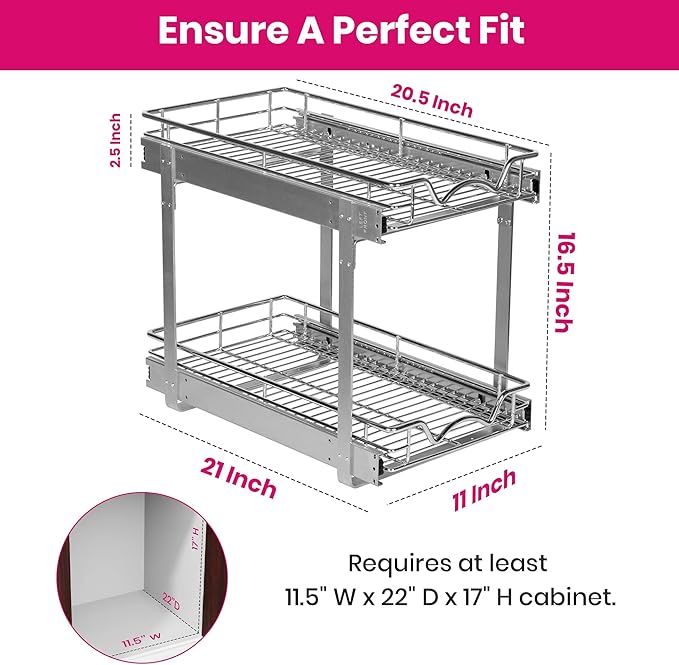 HOLDN??STORAGE Two Tier Pull Out Cabinet Organizer, Individual Sliding Drawers - Heavy Duty Metal with Lifetime Limited Warranty - Anti Rust Chrome Finish - 11" W x 21?쒭 x 16.5" H