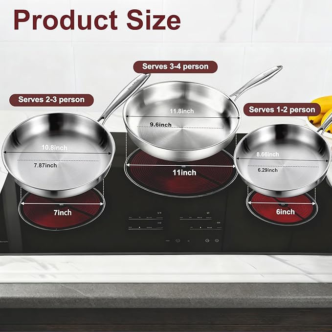 DELARLO Tri-ply Stainless Steel Frying Pan Set 8" 10" 12" With 3 Lid Induction large Skillets Chef's Pan,Pots and Pans Set Kitchen Cookware Set Suitable for All Stove