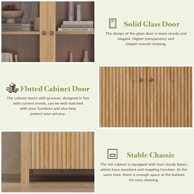 LINLUX Tall Arched Cabinet, 71??Versatile Modern Farmhouse Flute Pantry with 2 Tier Adjustable Shelves for Kitchen, Dining Room, Bathroom Anti-Tipping Device, Natural Wood