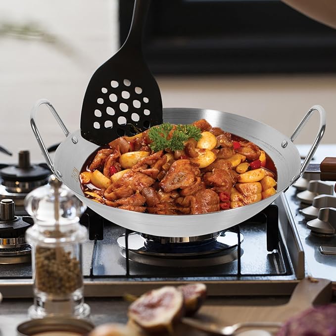 STOBOK Stainless Steel Wok Pan 10 Inch Round Bottom Double Handle Frying Pan for Stir-Frying Sauteing and Cooking on Induction and Gas Cooktops