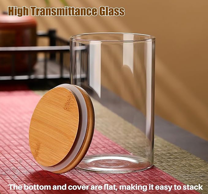 33+17 oz Glass Food Storage Jars with Airtight Lids, Clear Glass Jar with Bamboo Lid, Airtight Food Canister for Tea, Candy, Coffee, Sugar, Cookie, Snack. (Round | 5+6 Inch)