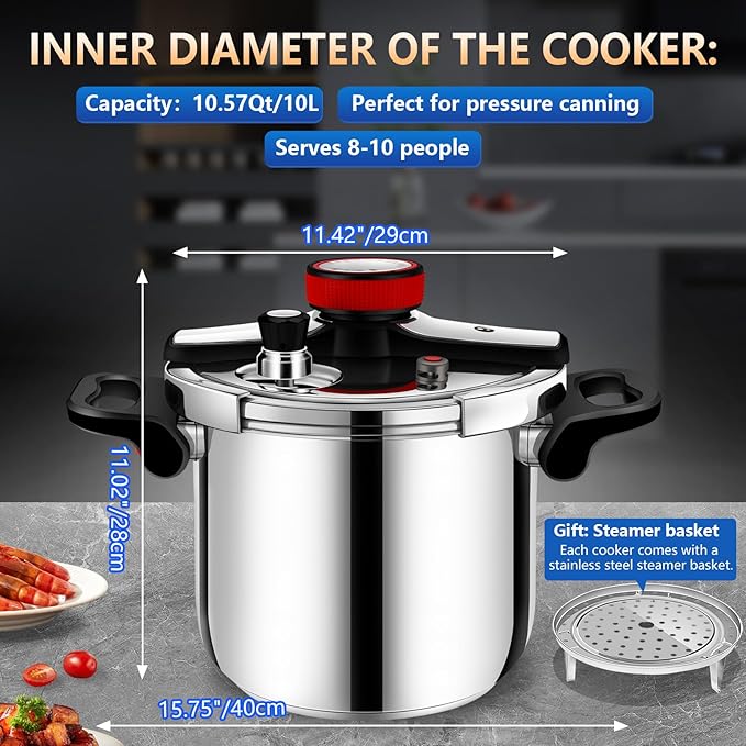 Pressure Cooker Stainless Steel 10 Qt, Commercial Stove Top Pressure Cooker for canning, One-Hand Locking, Compatible with Gas & Induction, Fast Cooking for Large Meals, Dishwasher Safe, PETERBOO