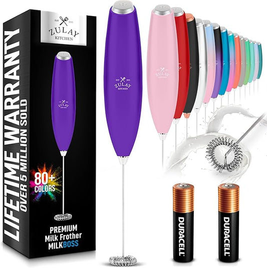 Zulay Kitchen Milk Frother Handheld Electric Whisk with AA Duracell Batteries ??Durable Drink Mixer for Coffee, Lattes, Cappuccinos & More - Purple