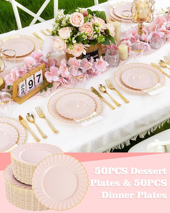 YOUBET 100PCS Pink Scalloped Plastic Plates - Heavy Duty Gold Disposable Fancy Hard Plates Include 50 Dinner Plate, 50 Dessert Plate, for Wedding & Party Valentines Day