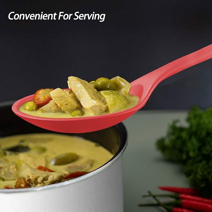 Silicone Spoons for Cooking - Extra Large Kitchen Spoons for Mixing, Serving, & Stirring - 600째F Heat-Resistant Non Stick Utensils Ladle & Skimmer- Dishwasher Safe, Red