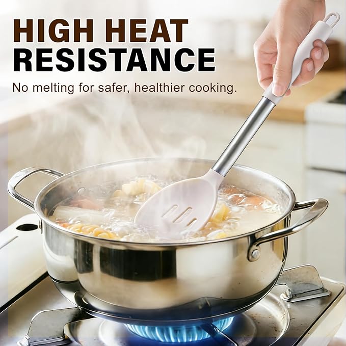 3Pcs Silicone Cooking Spoon Set, Kitchen Utensils Include Solid & Slotted Spoon, Soup Ladle, Food-Grade Heat Resistant 446째F, Non-Scratch Spoons for Serving, Stirring, Draining, Dishwasher Safe, Khaki
