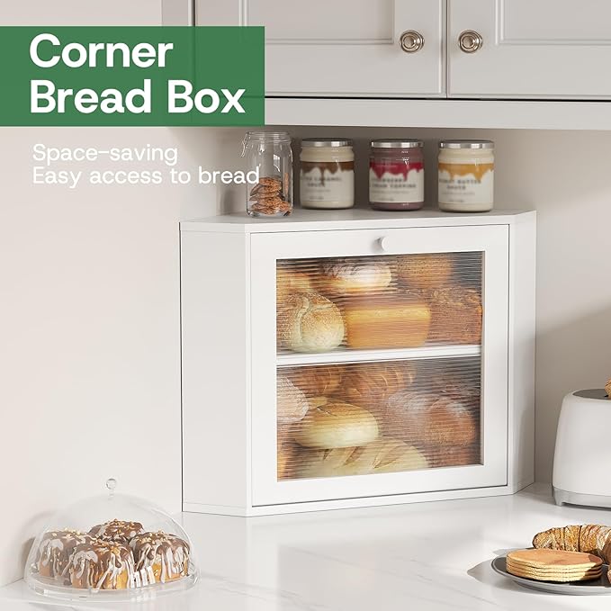 Corner Bread Box for Kitchen Countertop - Bamboo Wood, Wavy Acrylic Door, White Adjustable 2-Layer Bread Storage Container, Large Bread Holder