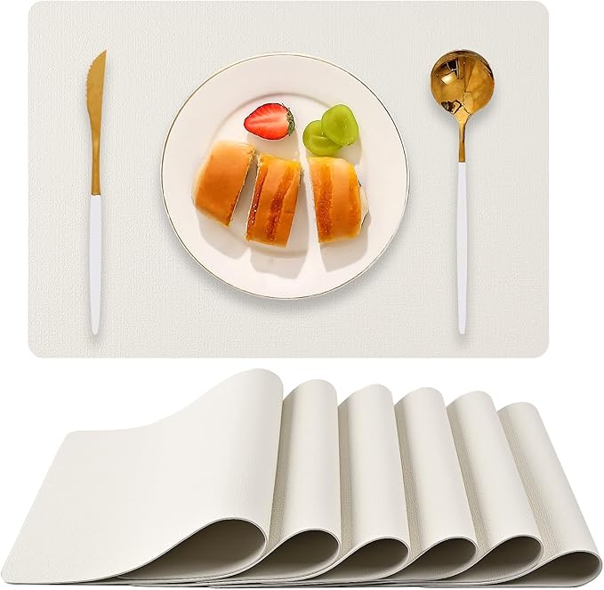 Boobezeen Faux Leather Placemats Set of 6, Heat Resistant Wipeable Washable Vinyl Place Mats, Waterproof Anti-Slip Dining Table Mats, Suitable for Indoor & Outdoor Use (Ivory White)