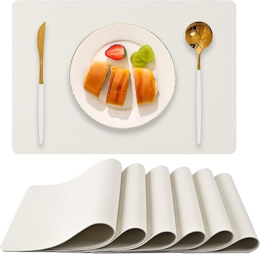 Boobezeen Faux Leather Placemats Set of 6, Heat Resistant Wipeable Washable Vinyl Place Mats, Waterproof Anti-Slip Dining Table Mats, Suitable for Indoor & Outdoor Use (Ivory White)