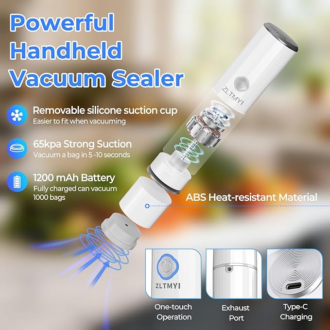 Handheld Vacuum Sealer for Food, Compact Portable Food Saver Pump with 30 BPA?멑ree Reusable Vacuum Bags Type-C Rechargeable, Ideal for Sous Vide, Meal Prep, Leftovers & Freezer Storage
