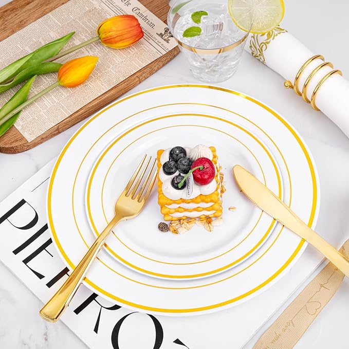 I00000 350Pcs Gold Dinnerware Set for 50 Guests, Gold Plastic Plates for Party, Include: 100 Disposable Plastic Plates, 50 Paper Napkins, 50 Cups, 50 Silverware Set Perfect for Party & Wedding