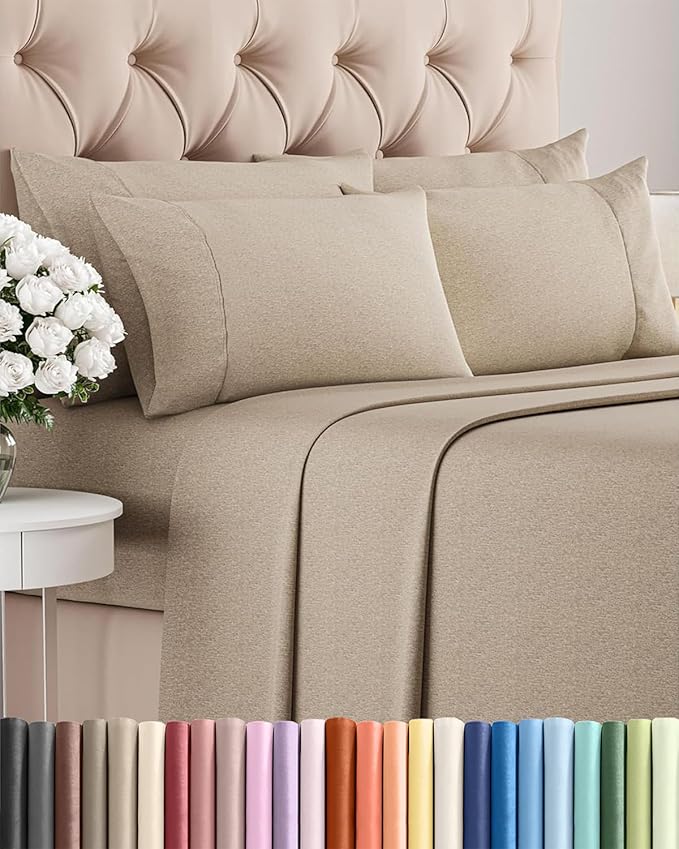 King 6 Piece Sheet Set - Cooling & Breathable Bed Sheets - Hotel Luxury Bed Sheets for Women, Men, Kids & Teens - Bedding w/Deep Pockets & Easy Fit - Soft & Wrinkle Free - King Heathered Beige Sheets