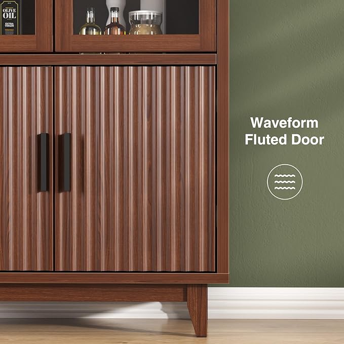 Kitchen Pantry Cabinet with Glass Doors - Arched Design, Solid Wood Legs, Artistic Fluted Door, Adjustable Shelves, 70.8" Curved Storage Cabinet for Kitchen, Dining Room