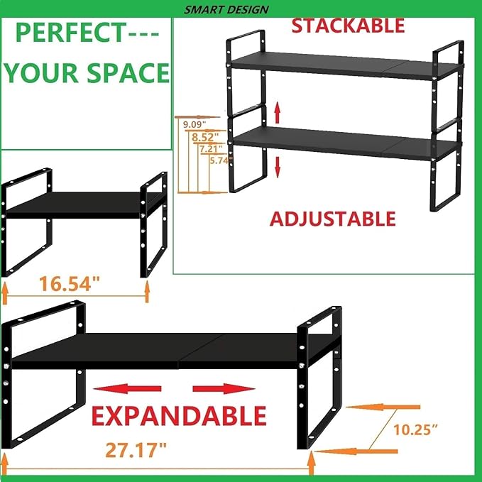 Expandable Stackable Spice Rack Cabinet Shelf Organizer in Cabinets Shelves Kitchen Cupboard Organization Stack up Racks Pantry Countertop Storage Large/Black 1 Pack