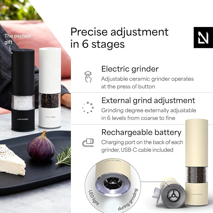 LARS NYS횠M Electric Salt and Pepper Grinder Set I Automatic Salt and Pepper Mills with Adjustable Ceramic Grinder I USB Rechargeable Electric Spice Mill Set with LED Light (Almond Beige)