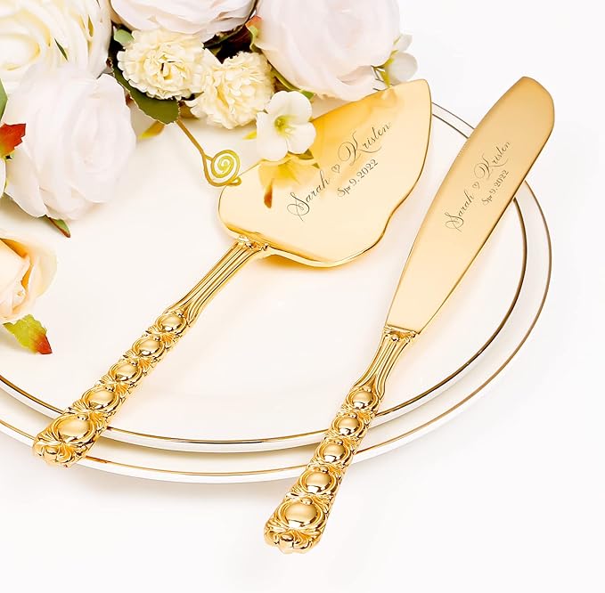 Wedding Cake Knife and Server Set, Personalized Gold Cake Cutting Set for Wedding, Engraved Classic Cake Knives Cutter Set, Pie Server, Birthday Bridal Quincea챰era Gift (CUS-Bow)
