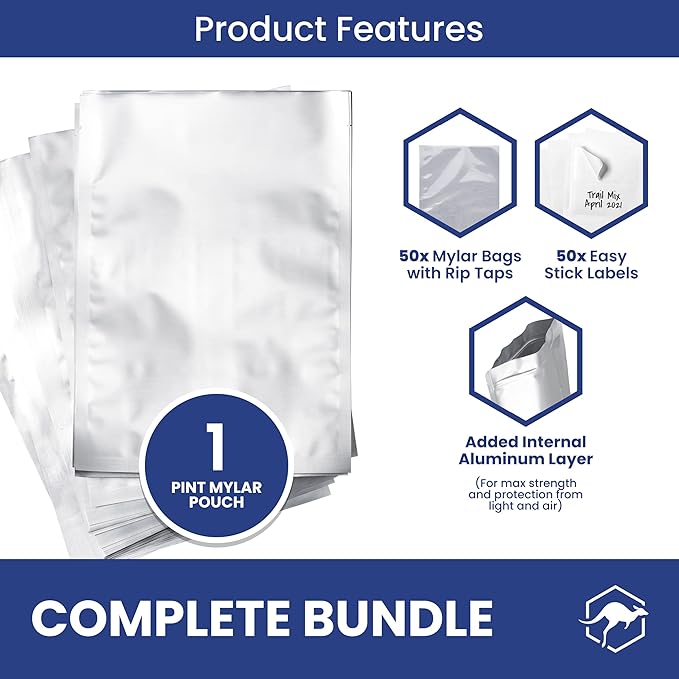 Wallaby 50 Count 1-Pint Mylar Bags with Labels, 10 Mil Total Thickness Long-Term Food Storage Pouches, 6x8 Heat-Sealable Airtight Packaging - Silver