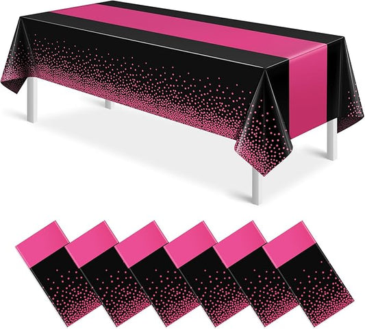 6Pcs Black Hot Pink Tablecloth Party Decorations,Plastic Black Table Cloth Printed Hot Pink Table Runner Disposable Rectangle Cover for Birthday Wedding Anniversary Graduation Party,54x108 Inch