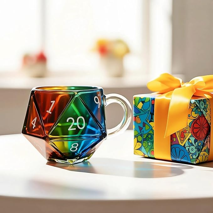 Dlin Rainbow D20 Dice Glass Coffee Mug - Heat-Resistant Transparent with Ergonomic Handle, Leak-Proof & Multi-Functional Gaming Mug for RPG/Board Game Lovers, Perfect Fantasy Themed Gift (Rainbow-1PC)