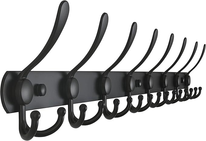 Dseap Coat Rack Wall Mount - 29.5??Long 8-Tri-Hooks Heavy Duty Coat Hanger Rail Wall Hooks for Hanging Coats Hats Clothing Clothes Purse Mudroom Entryway, Black