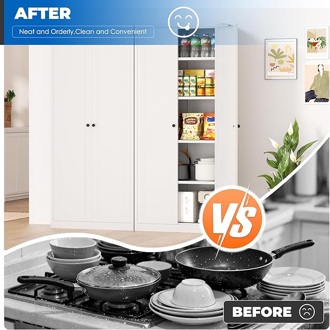 INTERGRAET Kitchen Pantry Cabinet, 63" Tall Metal Pantry Storage Cabinets with 2 Doors and 4 Shelves, White Metal Storage Cabinet,Cupboard for Home,Kitchen,Living Room/Dining
