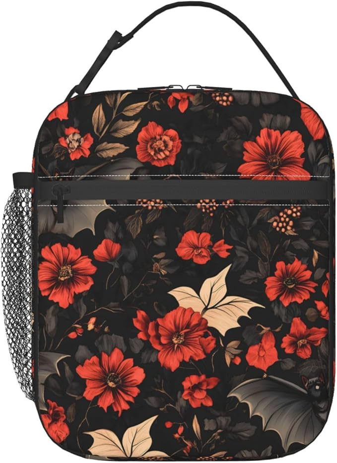 VANZEV Insulated Lunch Box for Women Men, Gothic Floral Bat Theme Lunch Box Reusable Portable Lunch Bag Cooler Tote Waterproof Lunch Container for Office Picnic Work Travel