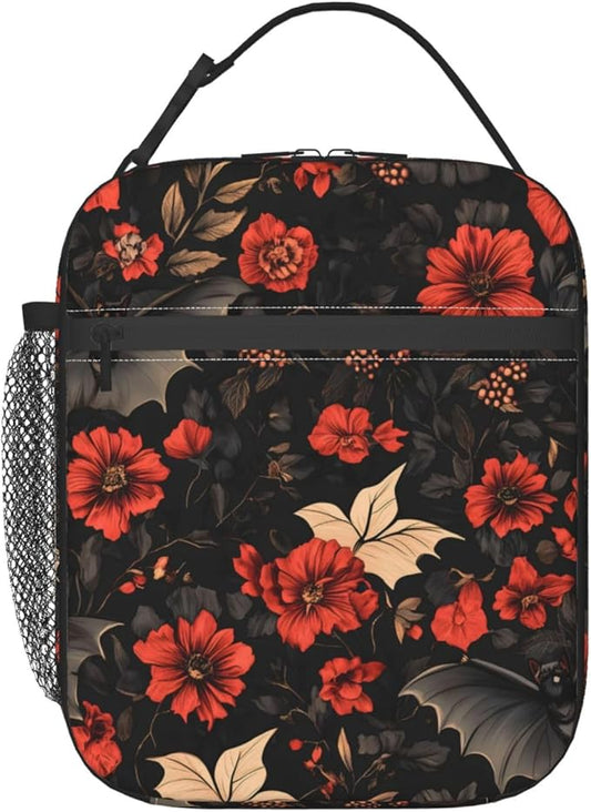 VANZEV Insulated Lunch Box for Women Men, Gothic Floral Bat Theme Lunch Box Reusable Portable Lunch Bag Cooler Tote Waterproof Lunch Container for Office Picnic Work Travel