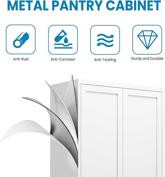 White Steel Pantry Cabinet with 2 Drawers & 2 Adjustable Shelves, Tall Metal Storage Cabinets for Kitchen, Living Room, Bathroom, Heavy Duty Freestanding Utility Cabinet, Assembly Require