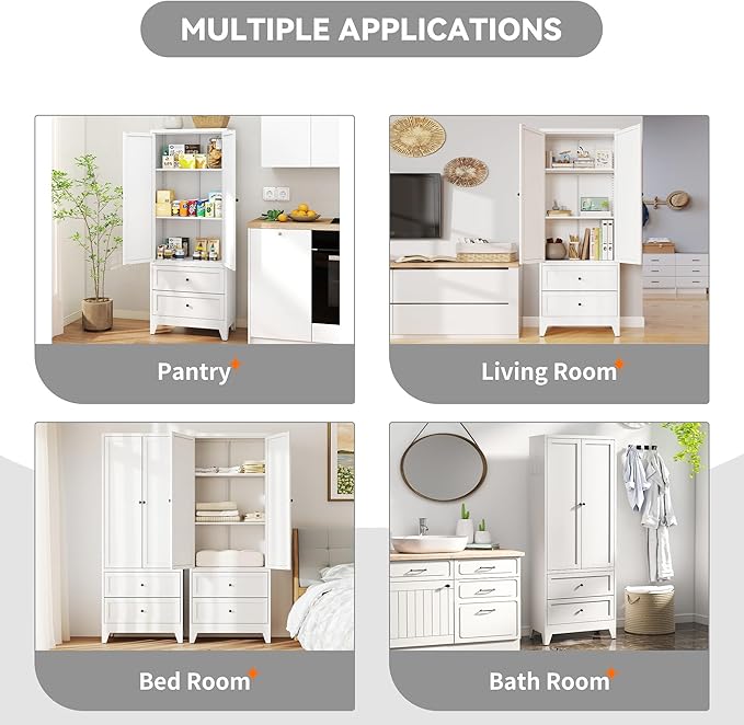 Metal Pantry Cabinet, 72 inch Tall Kitchen Pantry Cabinet, Pantry Storage Cabinet with 2 Adjustable Shelves, 2 Drawers, Utility Cupboard for Kitchen Dining Room Living Room Bathroom, White