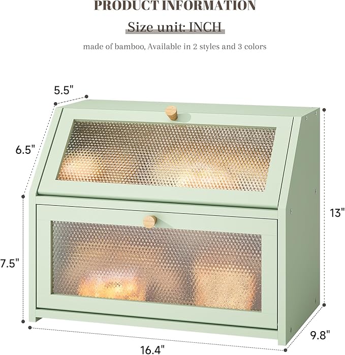 Bread Box for Kitchen Countertop Bin Double Layer Bread Box Storage Container Extra Large Capacity Farmhouse with Diamond Pattern Windows (Green, Large)
