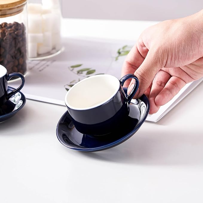 2.5oz Espresso Cups Set of 4, Small Stackable Coffee Cups with Saucers and Metal Stand, Ceramic Demitasse Cups, Cappuccino Cups for Coffee Drinks, Latte, Blue