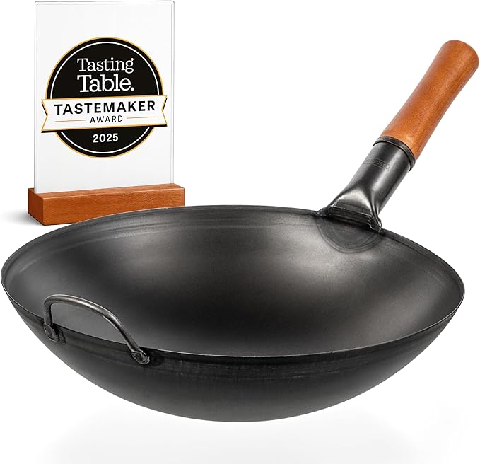 YOSUKATA 14" Carbon Steel Wok with Round Bottom ??Pre-Seasoned Pow Wok for Stir Fry ??Traditional Chinese Japanese Black Steel Pan ??Outdoor Cookware for Gas Stovetops, Open Fire, BBQ, Camping