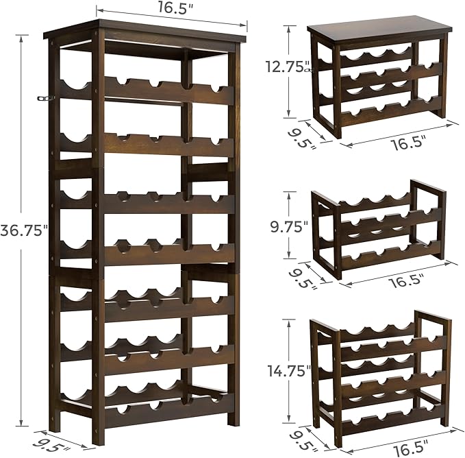28-Bottle Wine Rack Free Standing Floor, Solid Wood 7-Tier Display Wine Storage Shelves with Tabletop, Wobble-Free Bottle Holder for Cellar Kitchen Bar Dining Room Living Room, Walnut