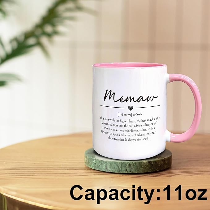 QASHWEY Memaw Gifts Coffee Mug, Mothers Day Coffee Mug Gifts for MemawGrandma, Grandma Gifts CoffeeMugs, Memaw Mugs Tea Cup Gift for GrandmaMemaw, Memaw Definition Coffee Cups Ceramic 11oz(Pink)