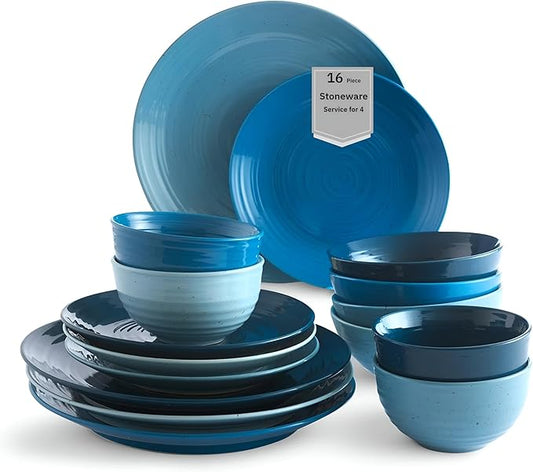Sango Siterra Artist's Blend 16-Piece Stoneware Dinnerware Set ??Service for 4, Ocean Blue Glossy Glaze with Unique Speckled Design, for Everyday Dining & Entertainment, Microwave & Dishwasher Safe